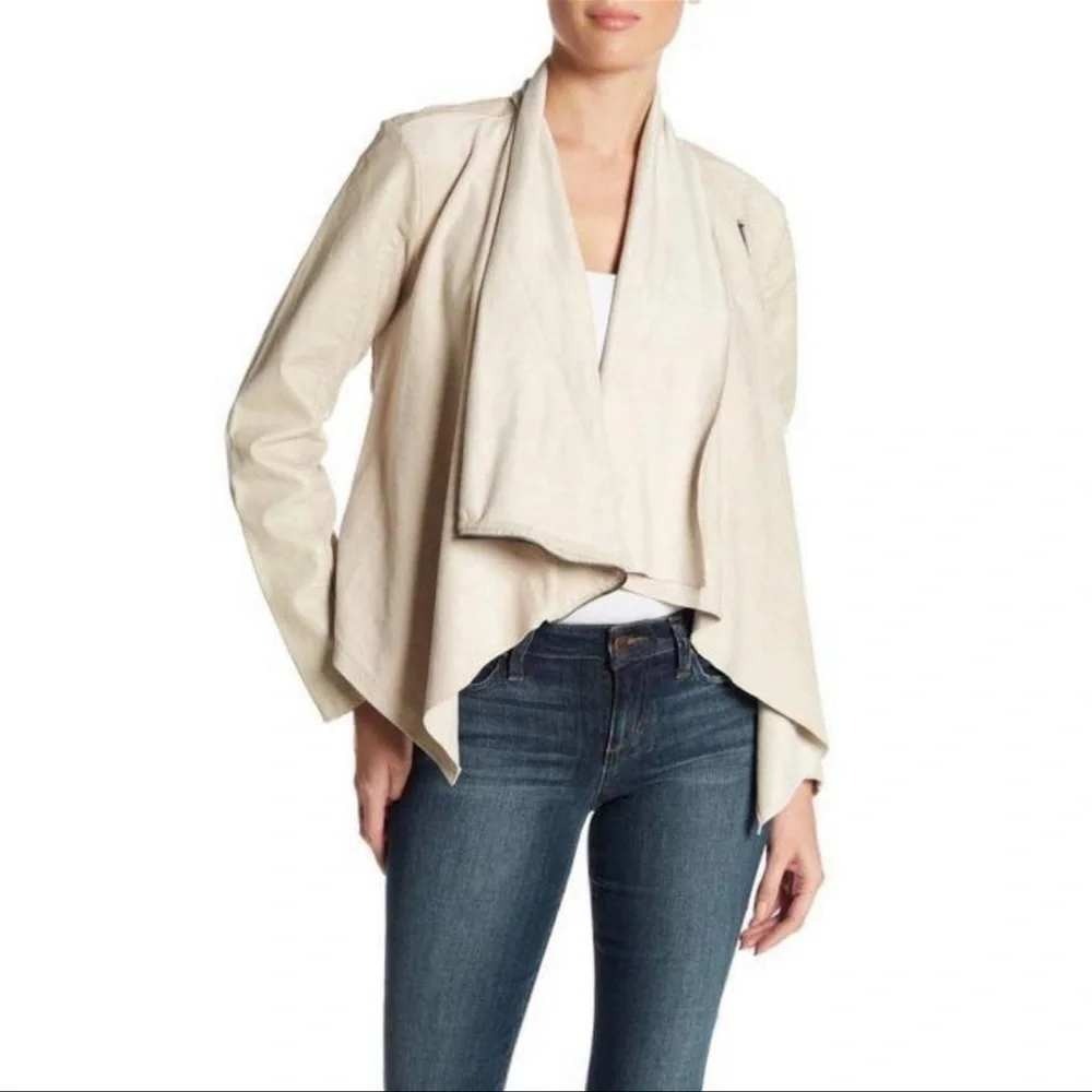 Blank NYC Beige Faux Leather Drape Front Moto Jacket Small Asymmetric Zip Cowl